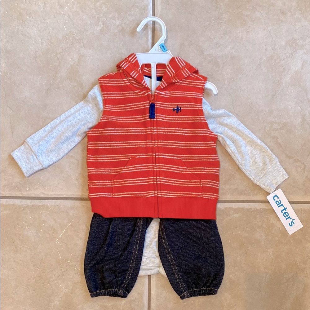 New Carter's Coral and Gray Baby Three Piece Vest Outfit